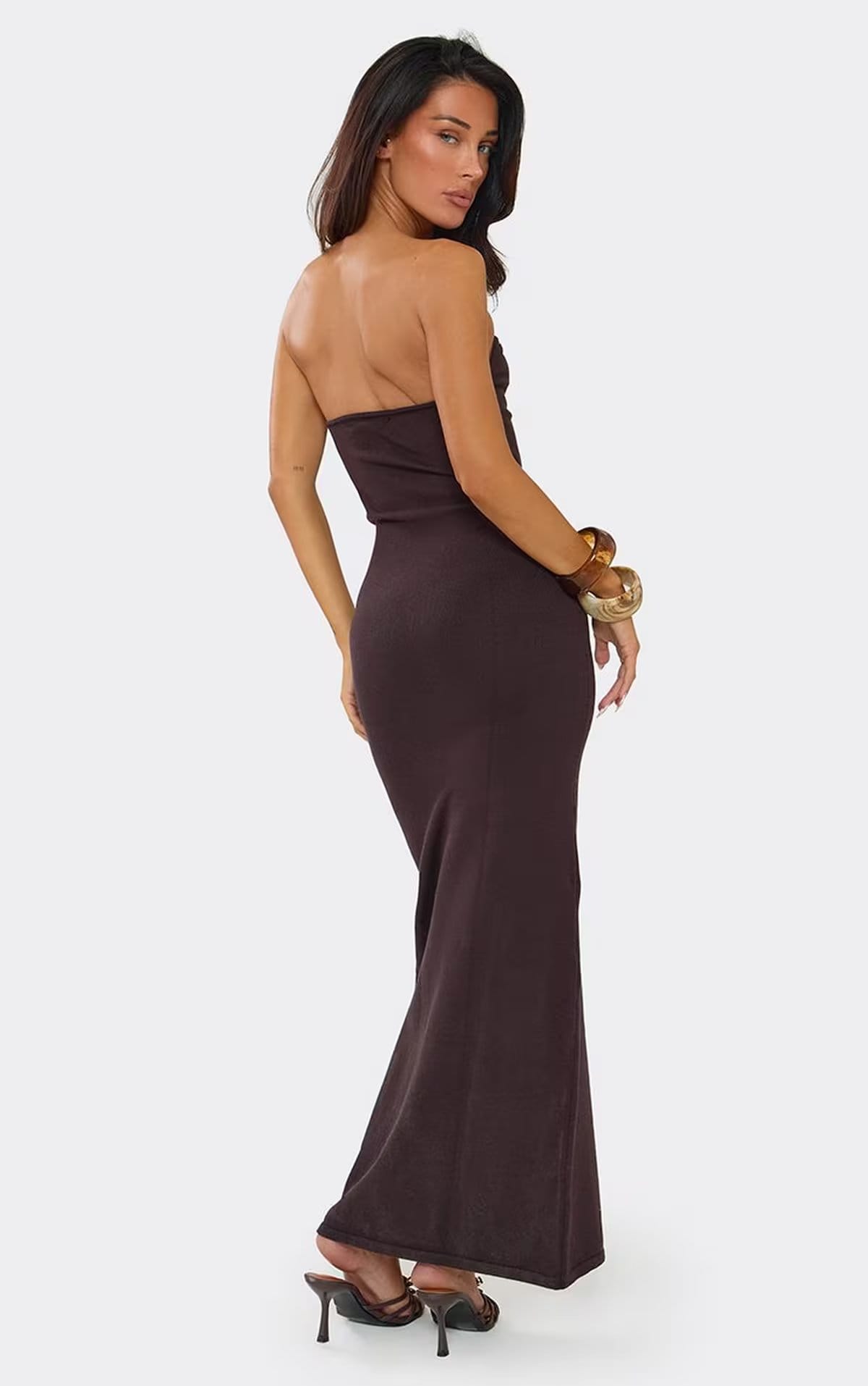 EGO Bandeau Trim Detail Maxi Dress In Brown Knit., Women's Size UK L - 1