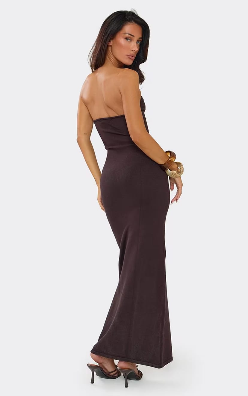 EGO Bandeau Trim Detail Maxi Dress In Brown Knit., Women's Size UK L - 1