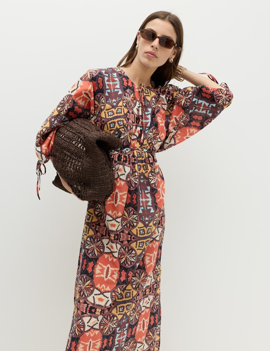 Marks & Spencer M&S Pure Cotton Printed Midaxi Kaftan Dress Multi