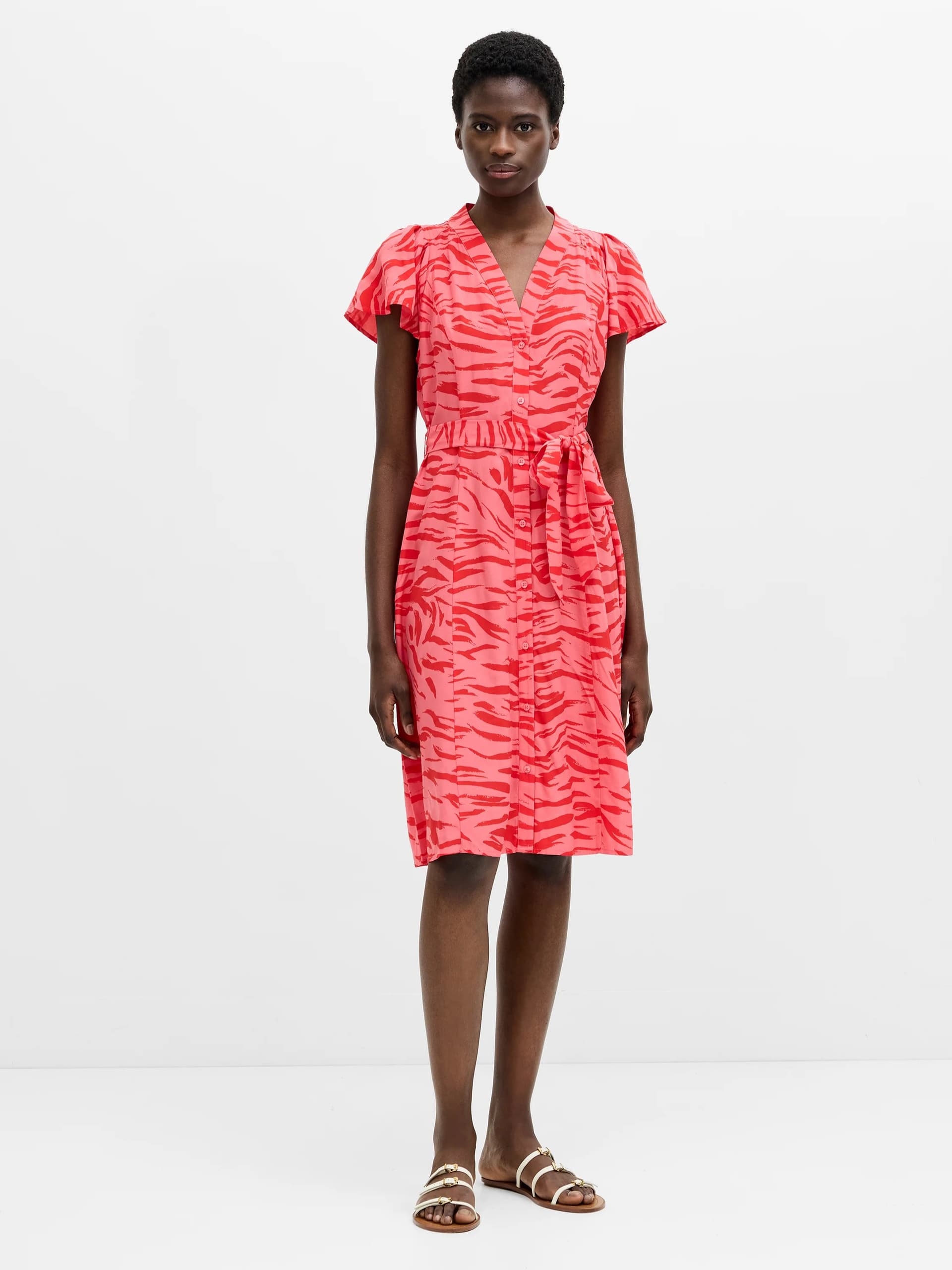 French Connection Adeline V-Neck Tie Waist Printed Dress Raspberry Pink