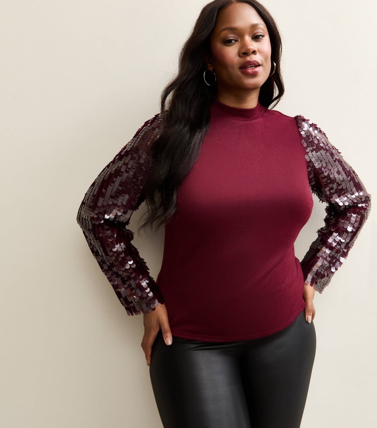 New Look New Look Dark Burgundy Sequin Sleeve Top
