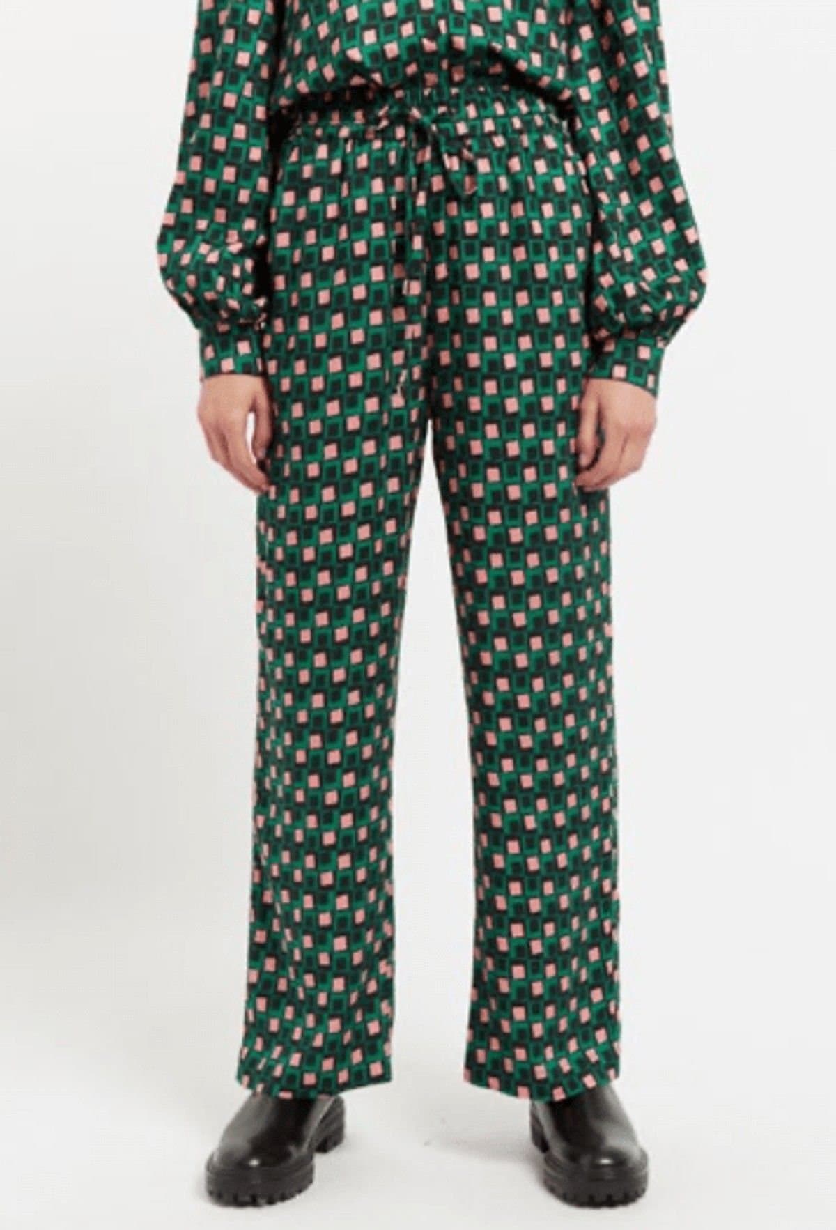 Louche Louche Women's Emmanuella Retro Cubes Print Pyjama Style Trouser in Green