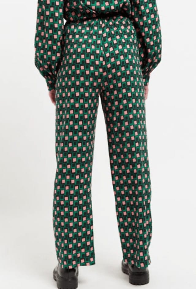 Louche Louche Women's Emmanuella Retro Cubes Print Pyjama Style Trouser in Green - 2