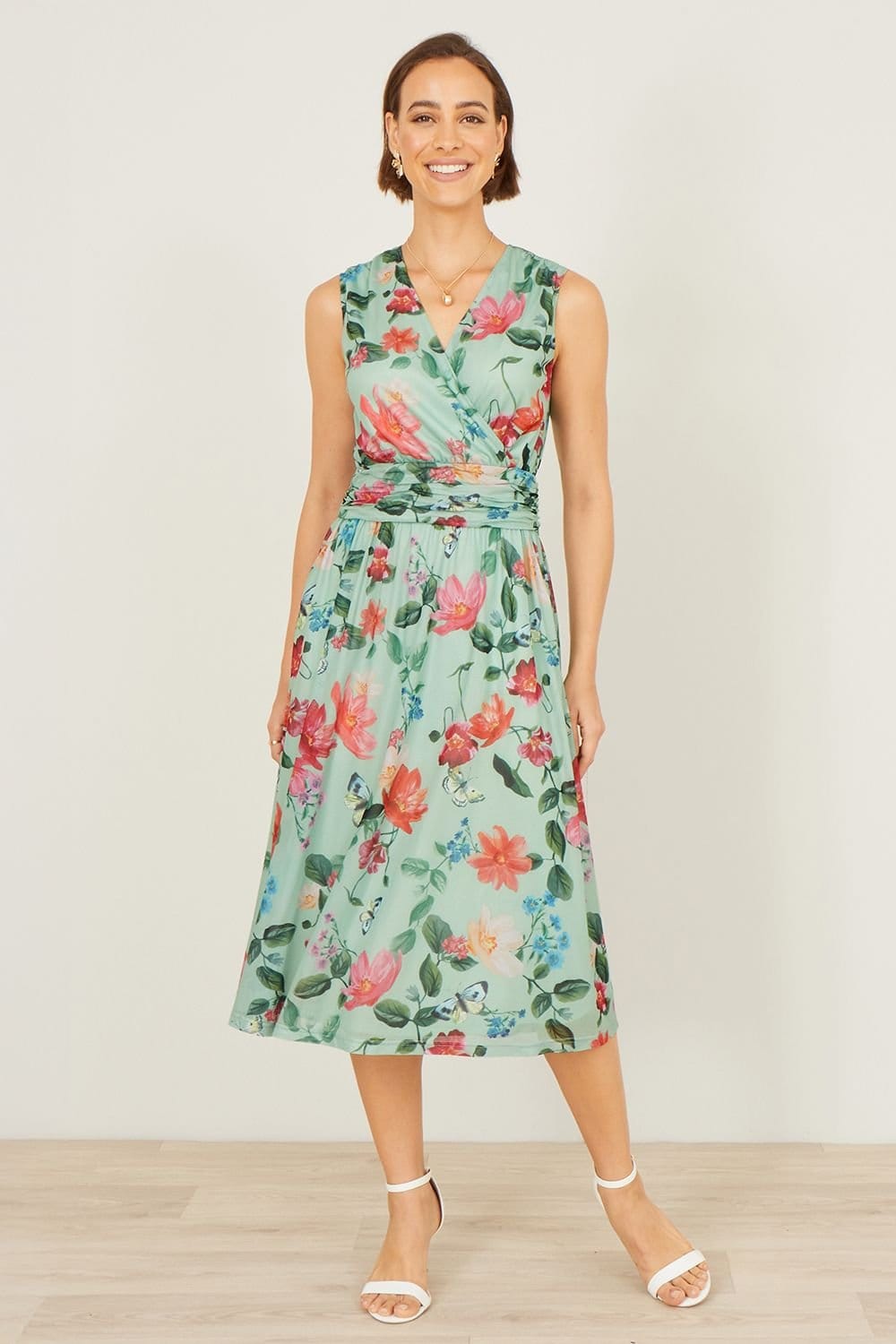 Yumi Yumi Women's Blurred Floral Mesh Wrap Midi Dress in Pale Green - 4