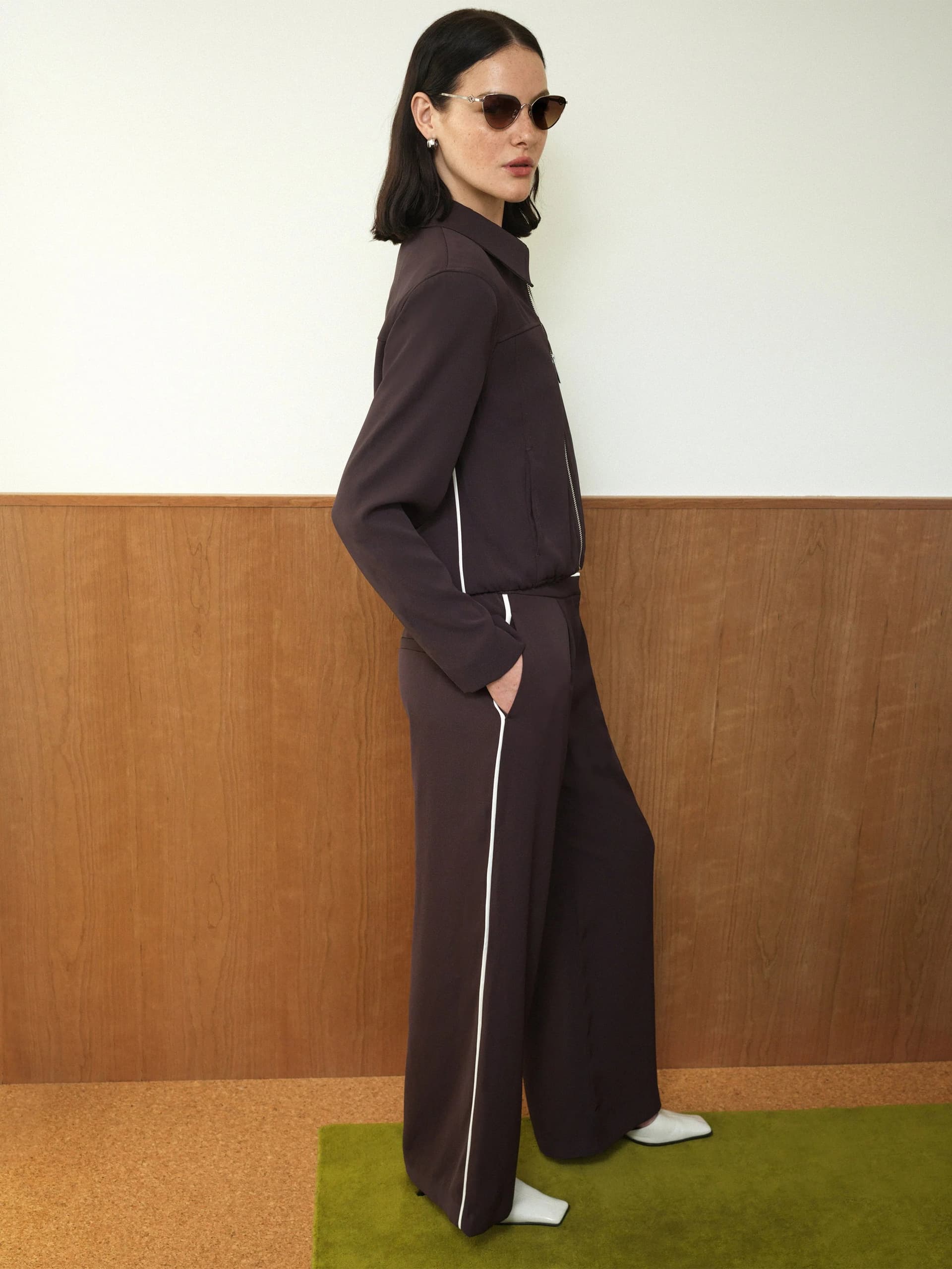 French Connection Vinnie Tailored Brown Contrast Trim Wide Leg Trousers Mocha Brown/Porcelain Cream
