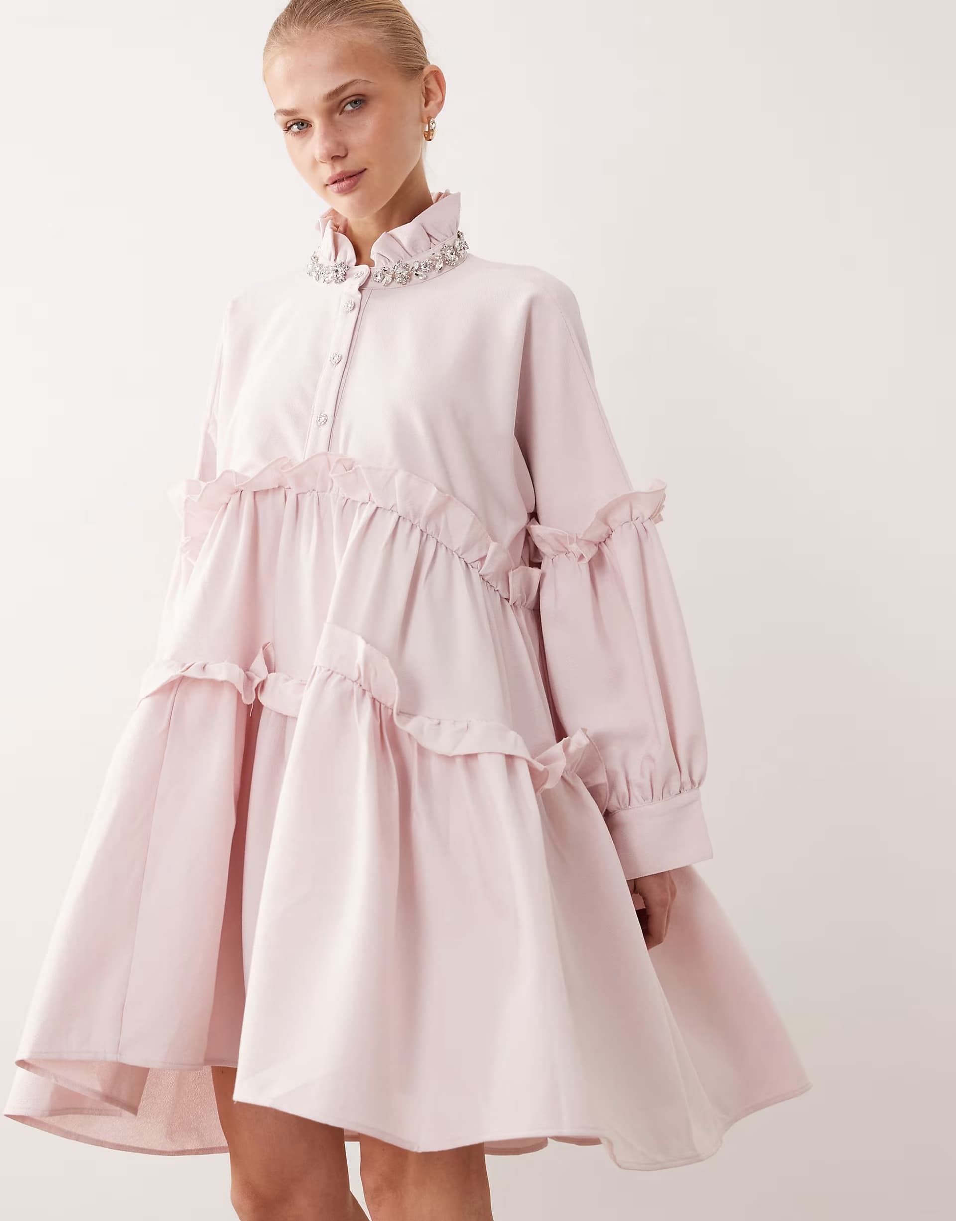 ASOS Dream Sister Jane Rising Sun cotton smock embellished collar mini dress in pink