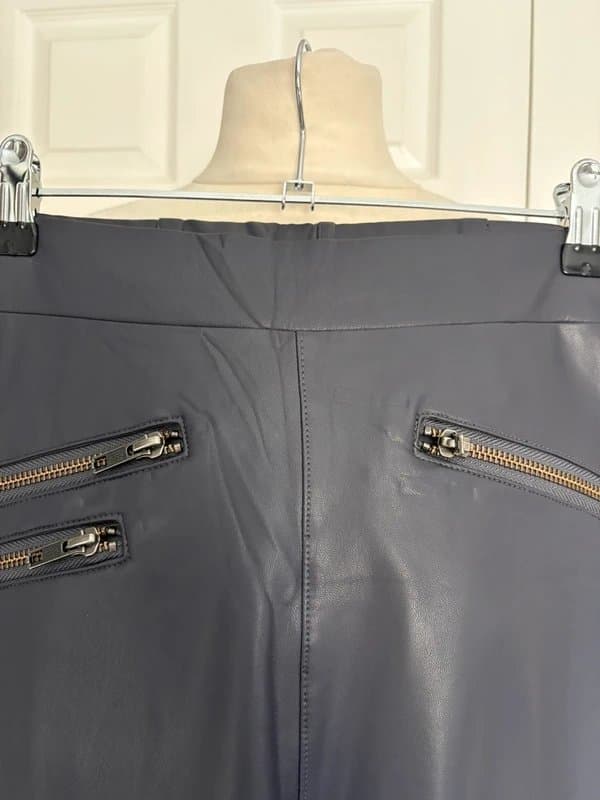 Sosandar Sosandar Grey Faux Leather Trousers UK 10 Short – Elastic Waist, Zip Detail, Slim Fit