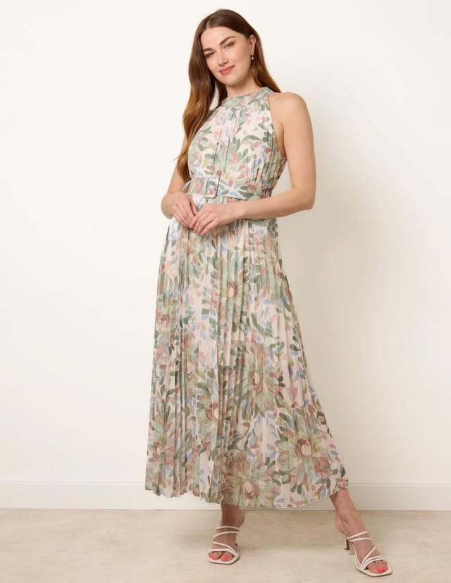 Blue Vanilla Printed Pleated Dress With Belt - 2