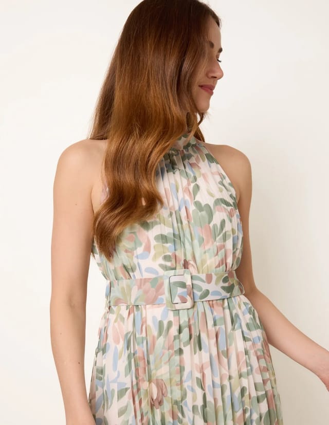 Blue Vanilla Printed Pleated Dress With Belt - 3