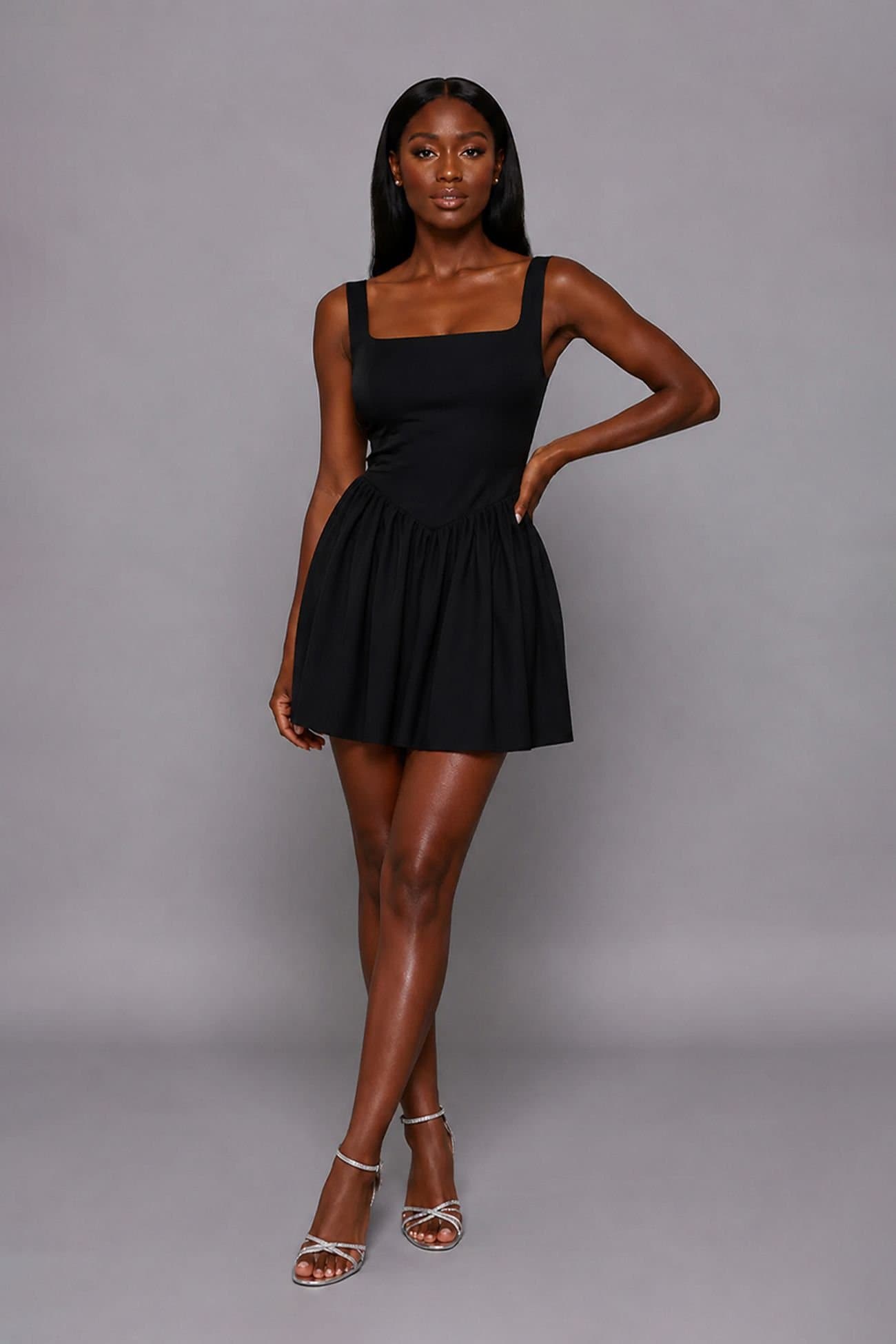 Vesper Vesper Women's Square Neck Skater Skirt Mini Dress in Black