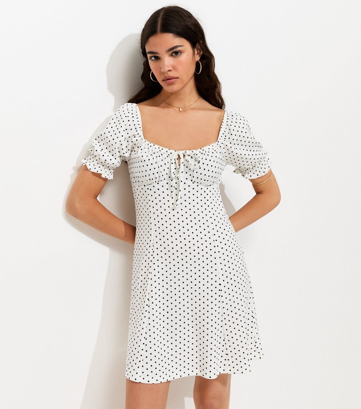 New Look Cream Polka Dot Crinkle Texture Mini Dress