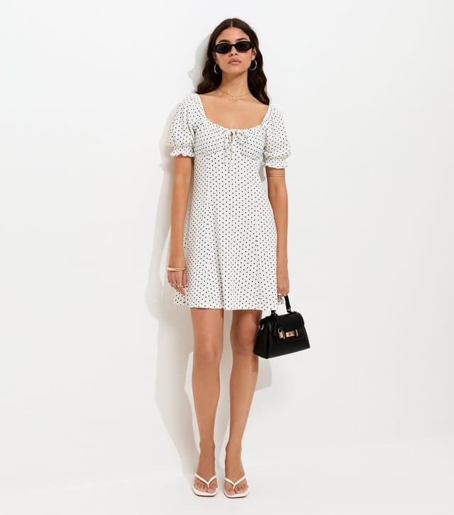New Look Women's Cream Polka Dot Crinkle Texture Milkmaid Mini Dress New Look - 2