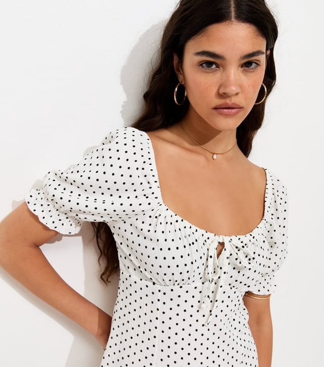 New Look Women's Cream Polka Dot Crinkle Texture Milkmaid Mini Dress New Look - 3