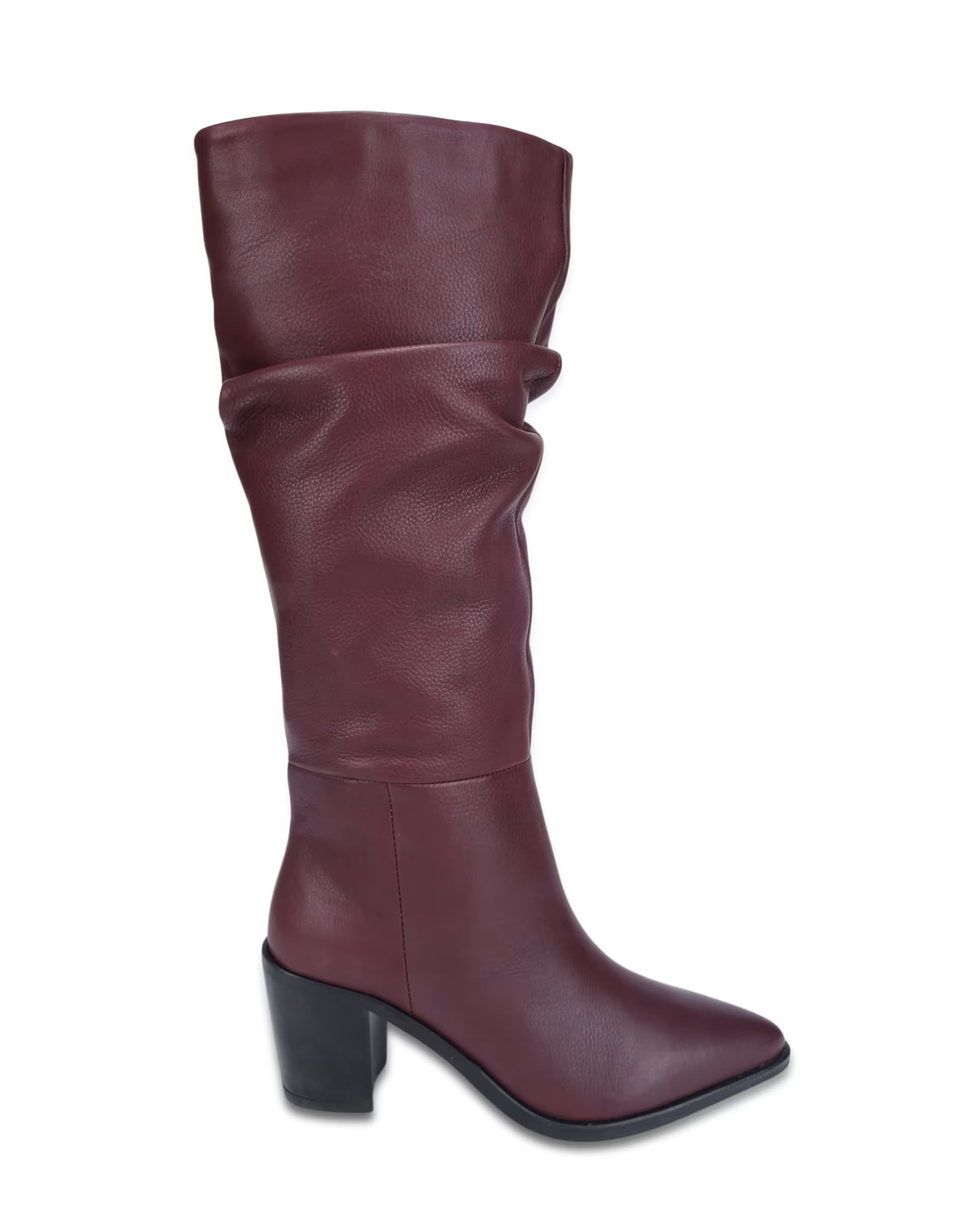 ASOS Off The Hook Muswell leather slouchy knee-high block heel boots in bordo