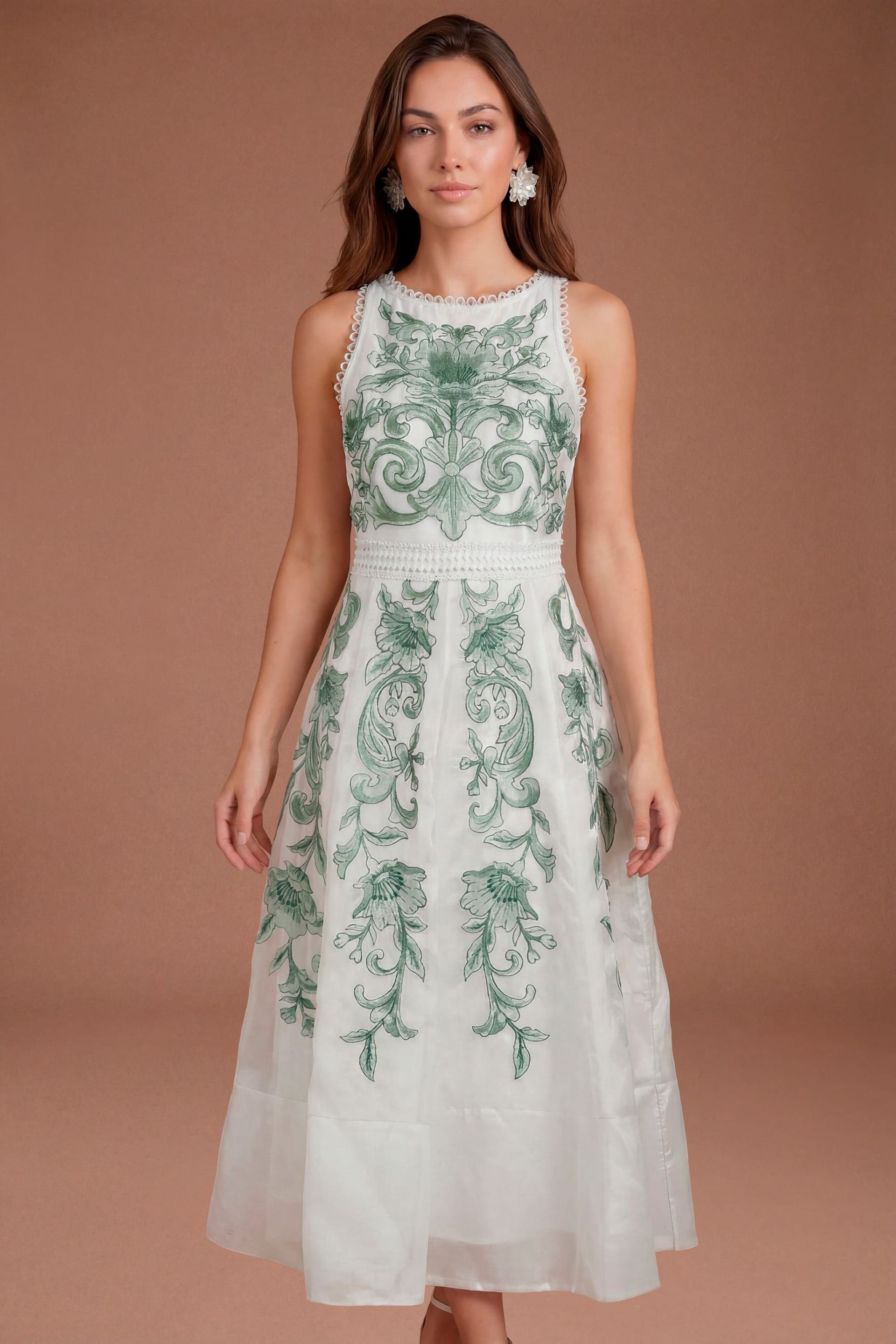 Coast Women's Embroidered High Neck Panel Detailed Midi Dress in Light Blue
