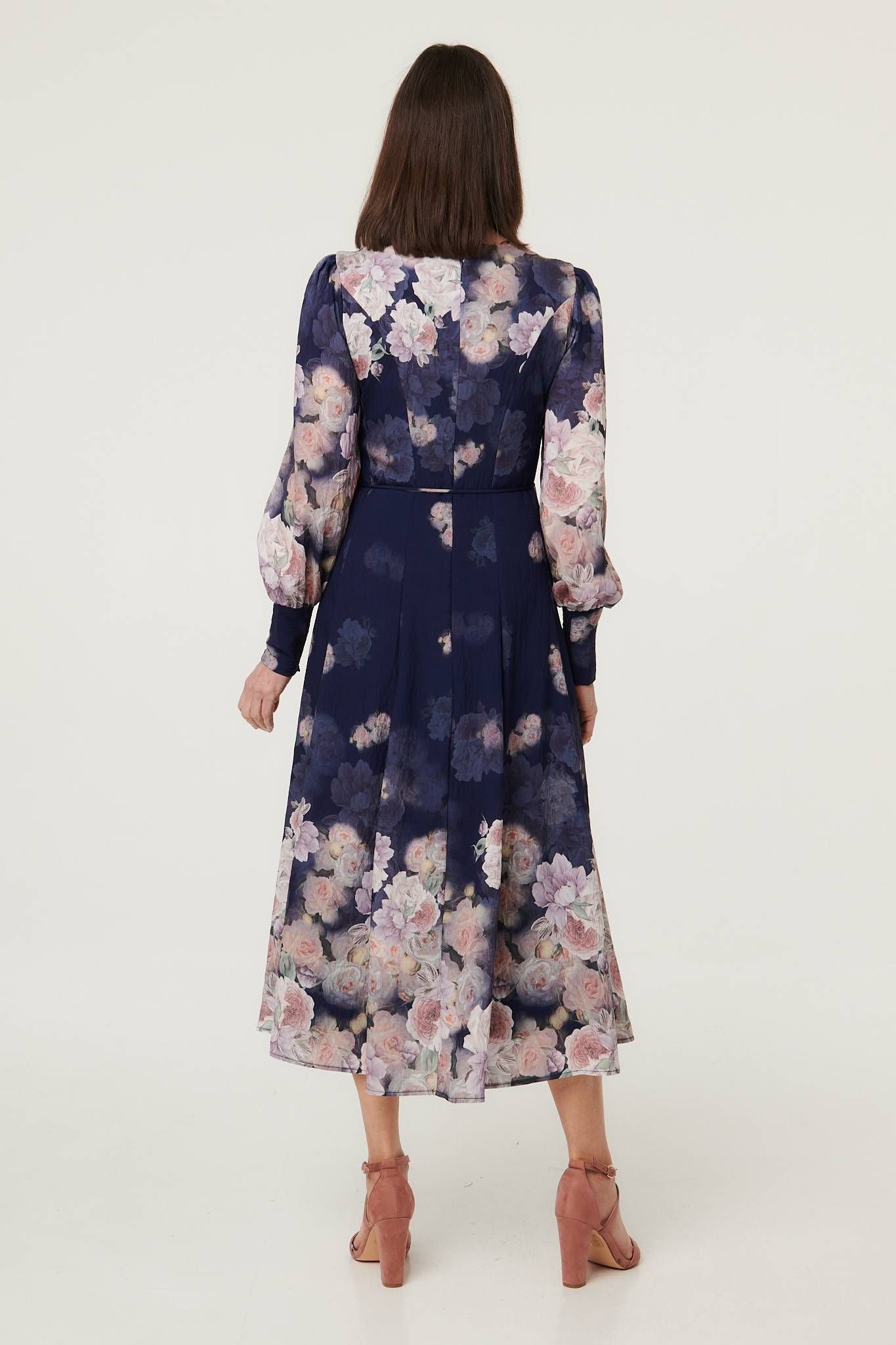 Izabel London Izabel London Women's Floral Long Balloon Sleeve Midi Dress in Navy - 3