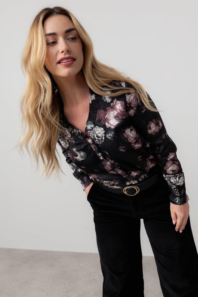 Lily & Me Lily & Me Women's Kit Ruffle Woven Viscose Satin Long Sleeve Blouse in Black - 2