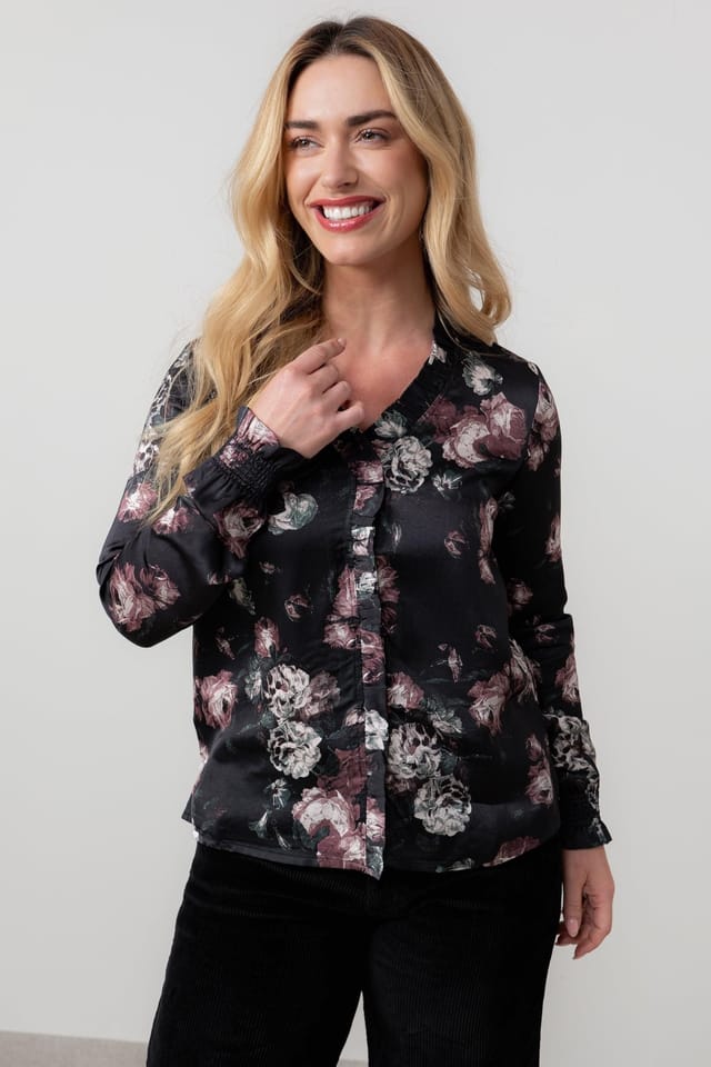 Lily & Me Lily & Me Women's Kit Ruffle Woven Viscose Satin Long Sleeve Blouse in Black - 3