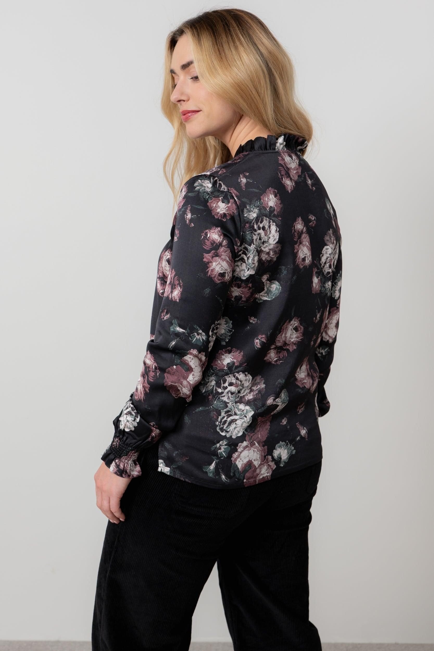 Lily & Me Lily & Me Women's Kit Ruffle Woven Viscose Satin Long Sleeve Blouse in Black - 4