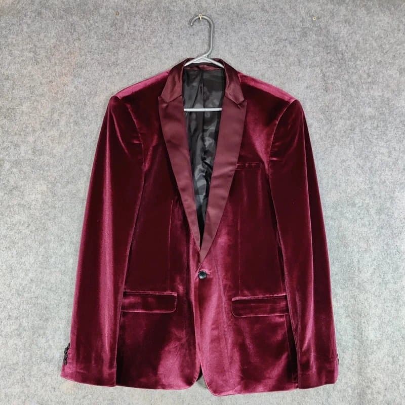ASOS ASOS Tuxedo Jacket Size 44R Super Skinny Red Velvet Smoking Dinner Burgundy Peak