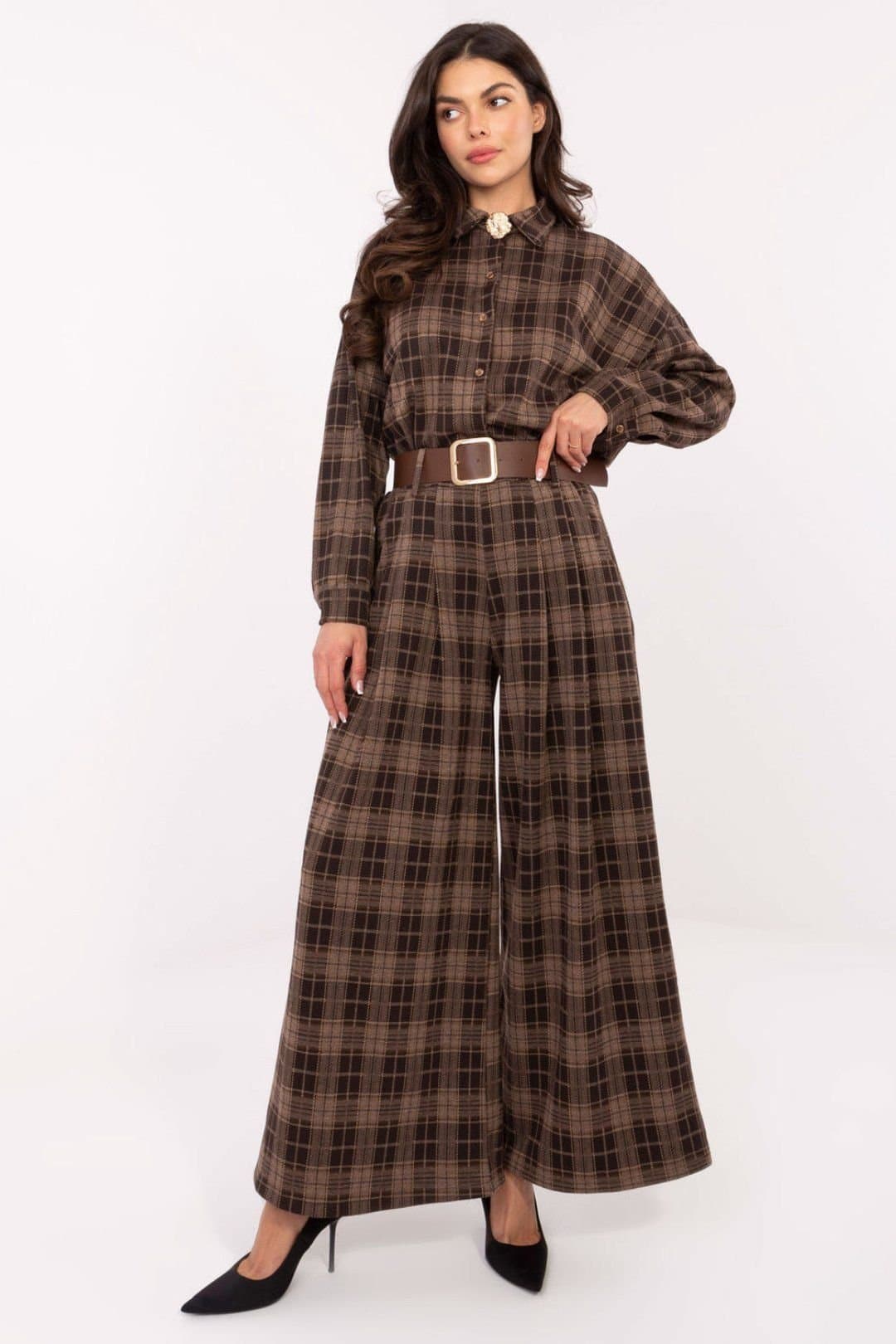 Love Lace Love Lace Women's High Waist Checkered Palazzo Trousers with Belt Style 220035 in Brown