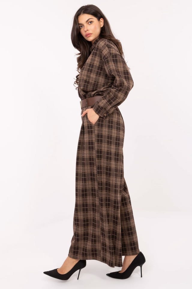 Love Lace Love Lace Women's High Waist Checkered Palazzo Trousers with Belt Style 220035 in Brown - 2