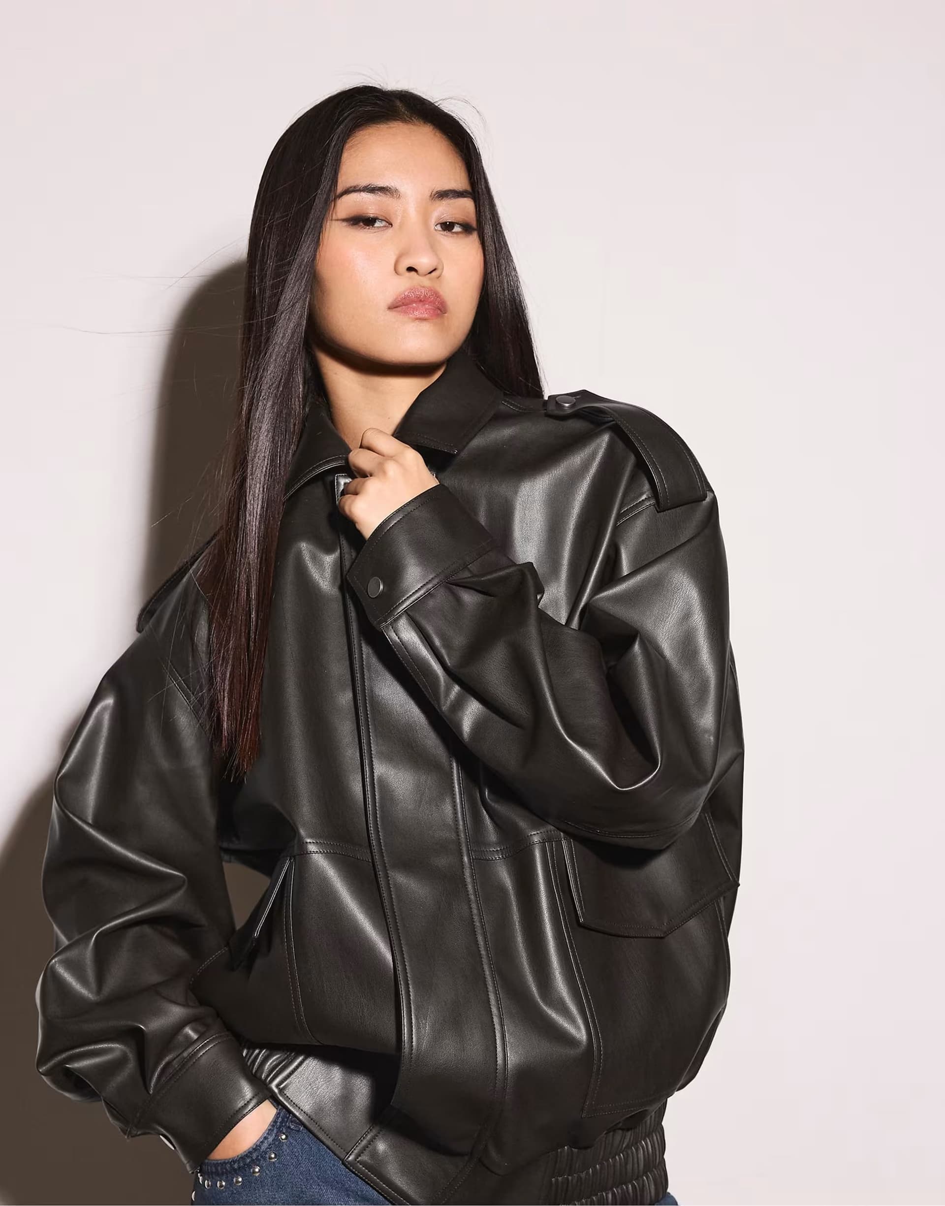 ASOS Stradivarius Oversize leather effect biker jacket in brown