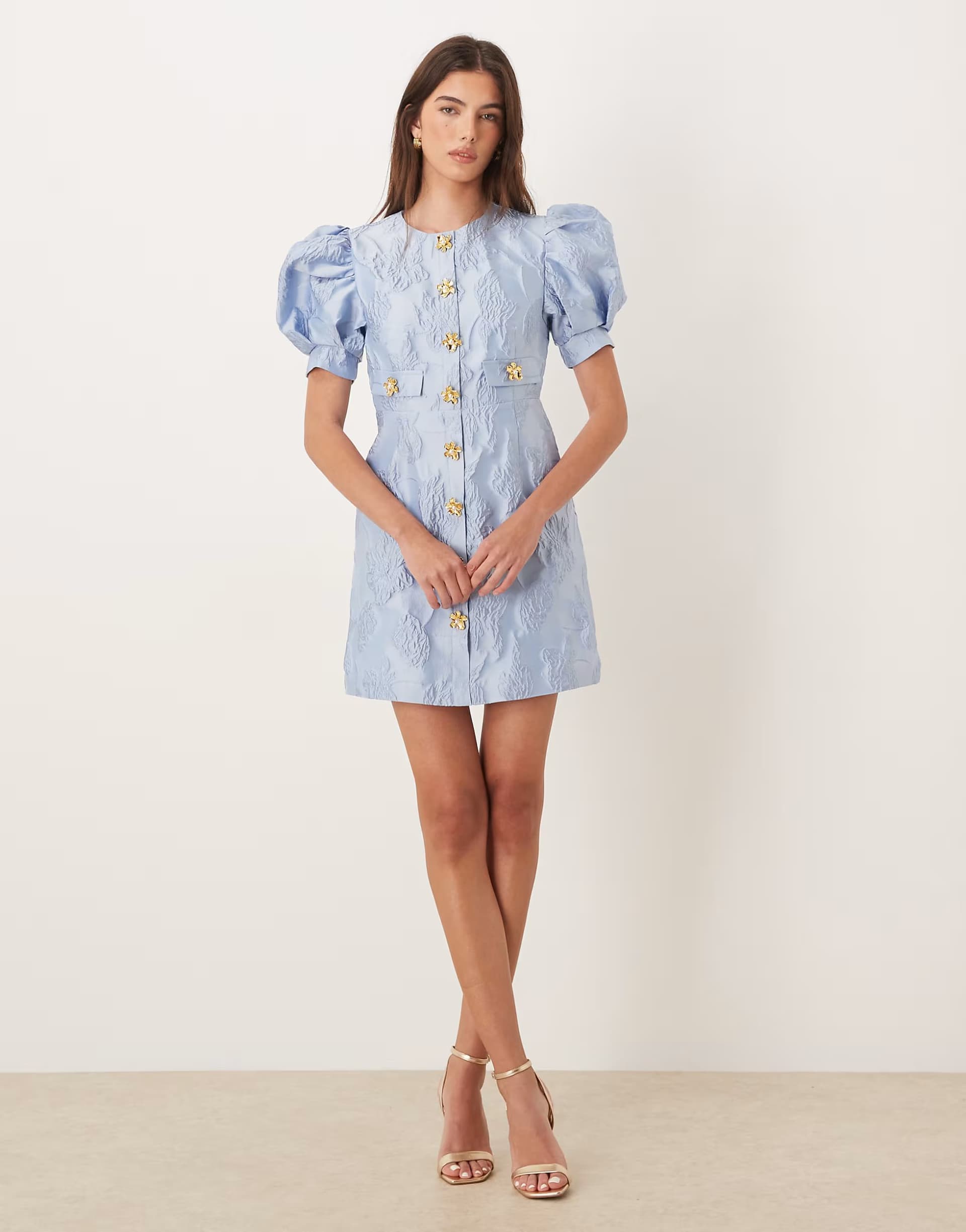 ASOS Sister Jane Anemone exclusive jaquard puff sleeve gold flower button up mini dress in cerulean blue