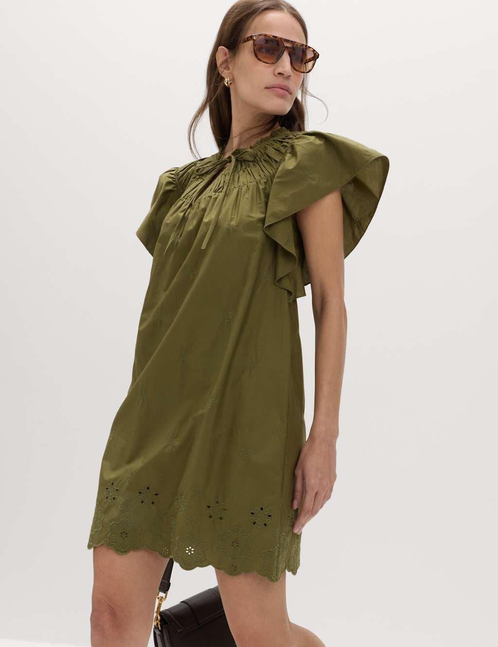 Marks & Spencer M&S Pure Cotton Embroidered Mini Smock Dress Dark Green