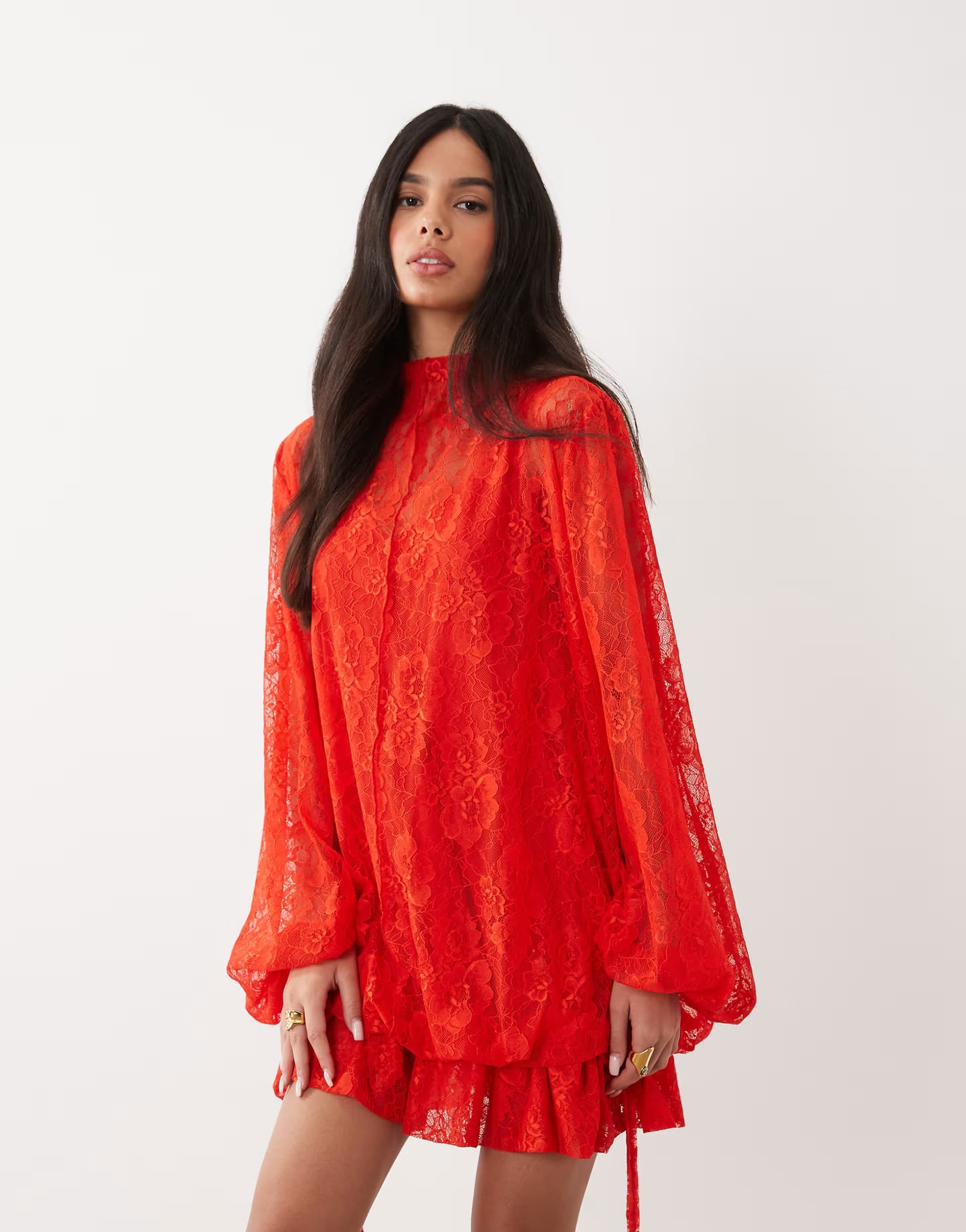 ASOS ASOS DESIGN lace mini dress with blouson sleeve and hem detail in red