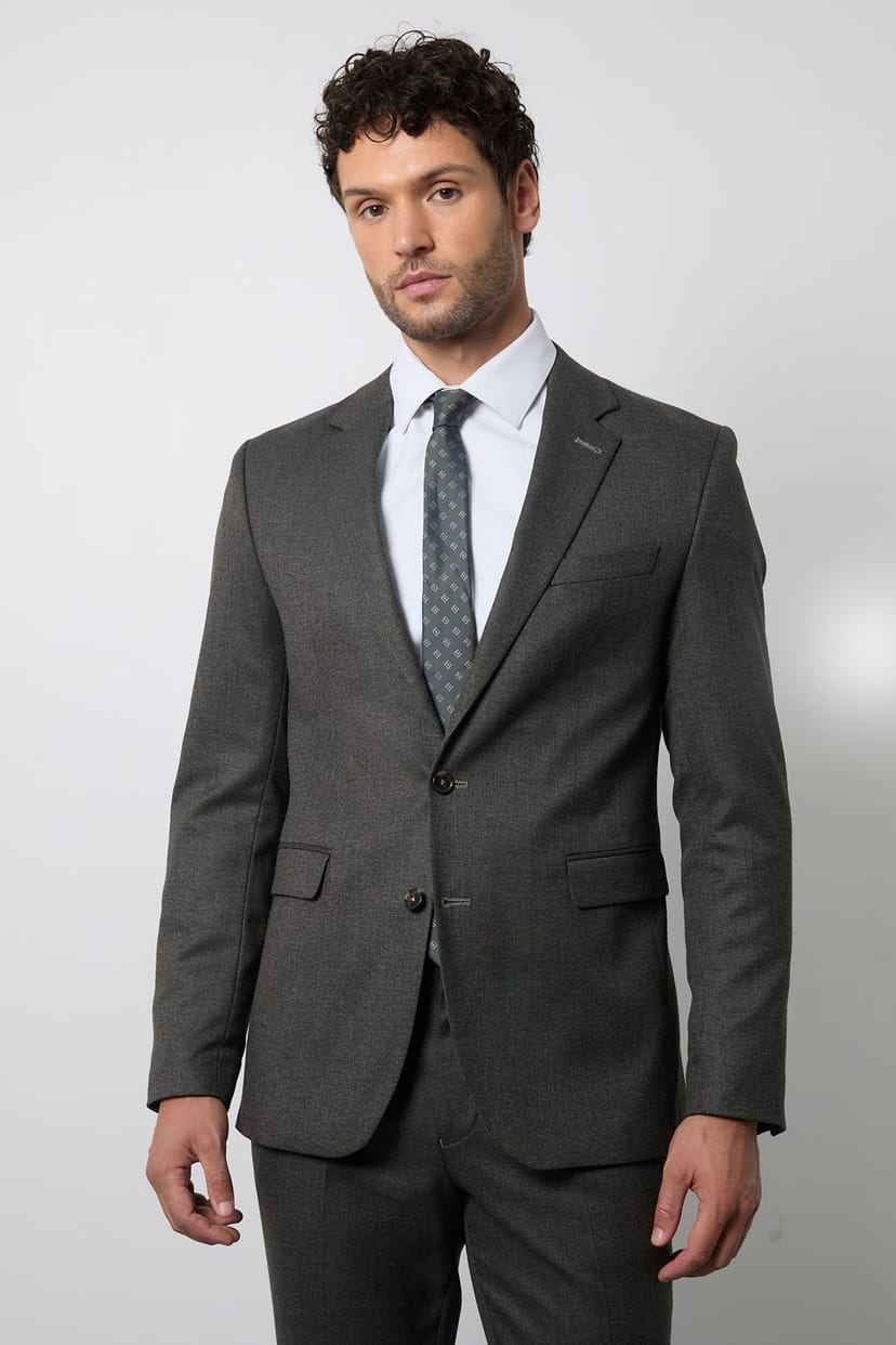 Burton Burton Men's Charcoal End On End Slim Fit Suit Jacket - 1