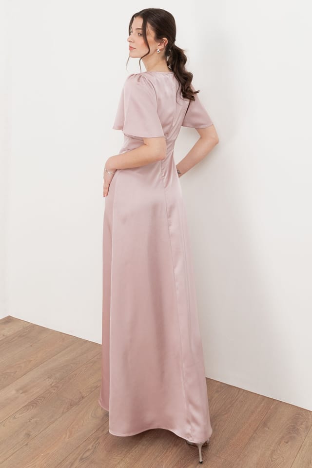 Maya Deluxe Maya Deluxe Women's V Neck Angel Sleeve Satin Maxi Dress in Light Pink - 2