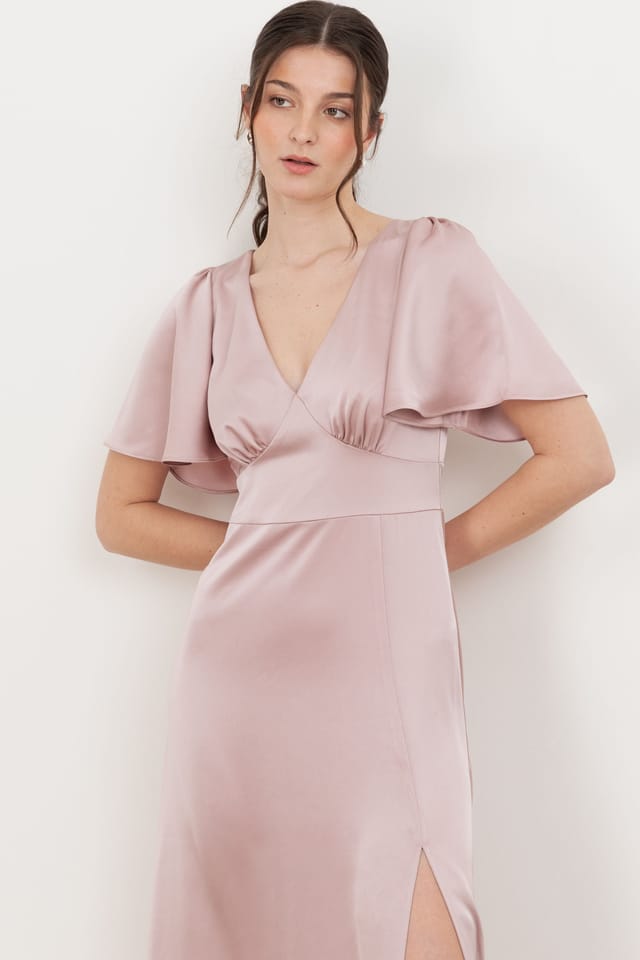 Maya Deluxe Maya Deluxe Women's V Neck Angel Sleeve Satin Maxi Dress in Light Pink - 3