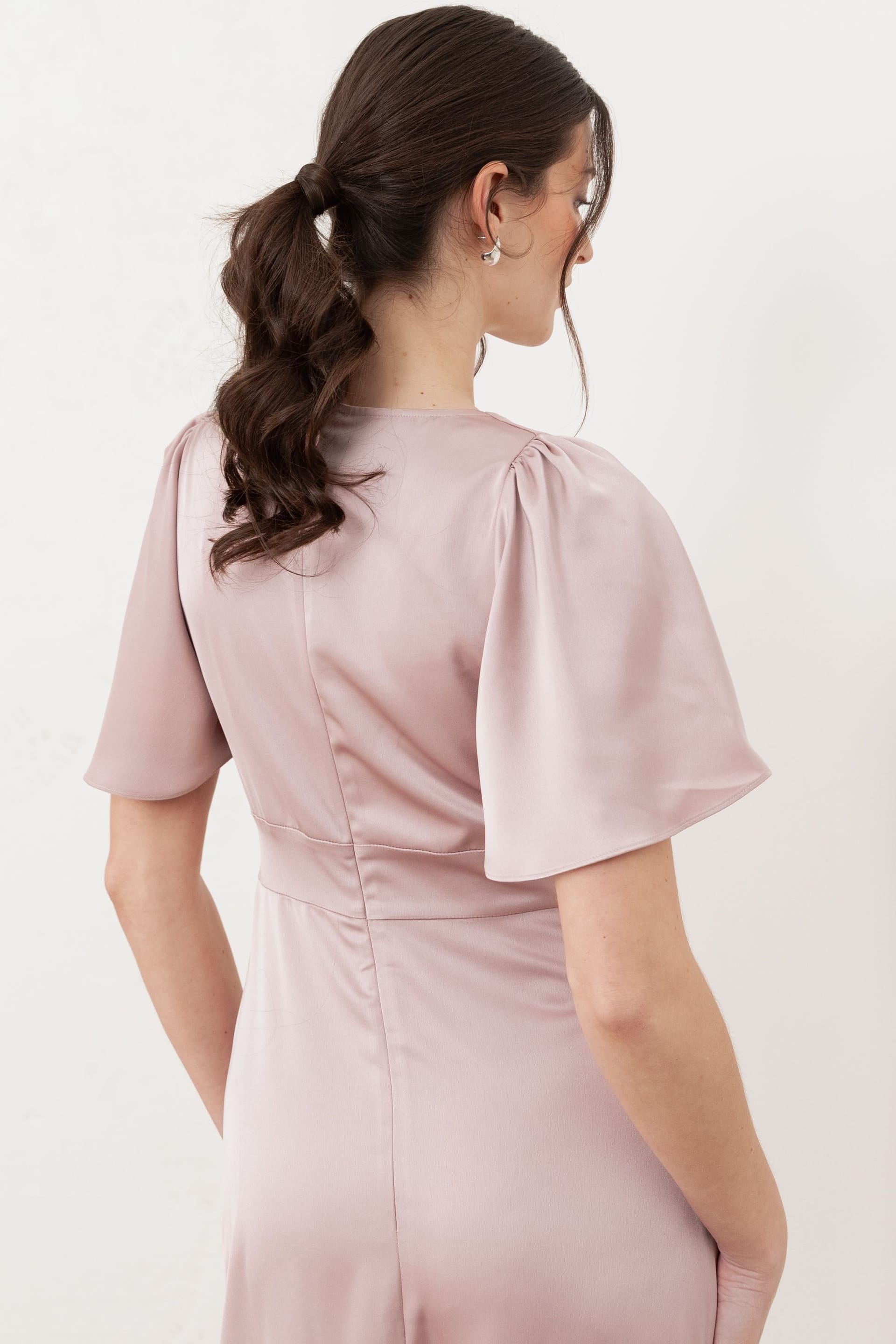 Maya Deluxe Maya Deluxe Women's V Neck Angel Sleeve Satin Maxi Dress in Light Pink - 4