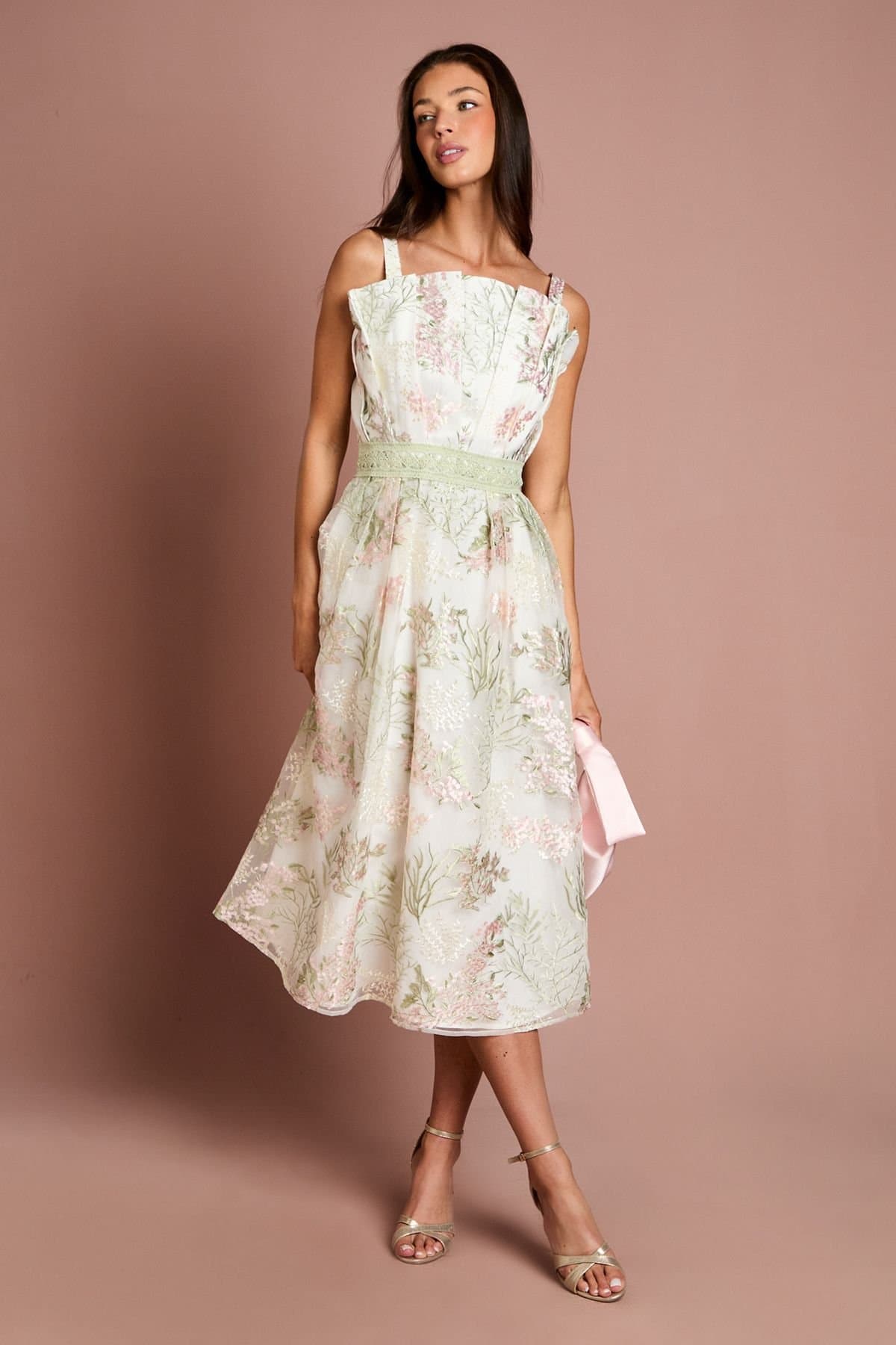 Coast Coast Women's Fan Bodice Embroidered Mesh Midi Dress in Ivory