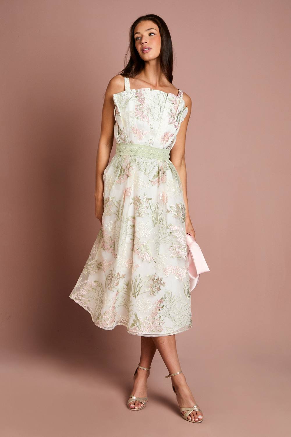 Coast Coast Women's Fan Bodice Embroidered Mesh Midi Dress in Ivory - 2