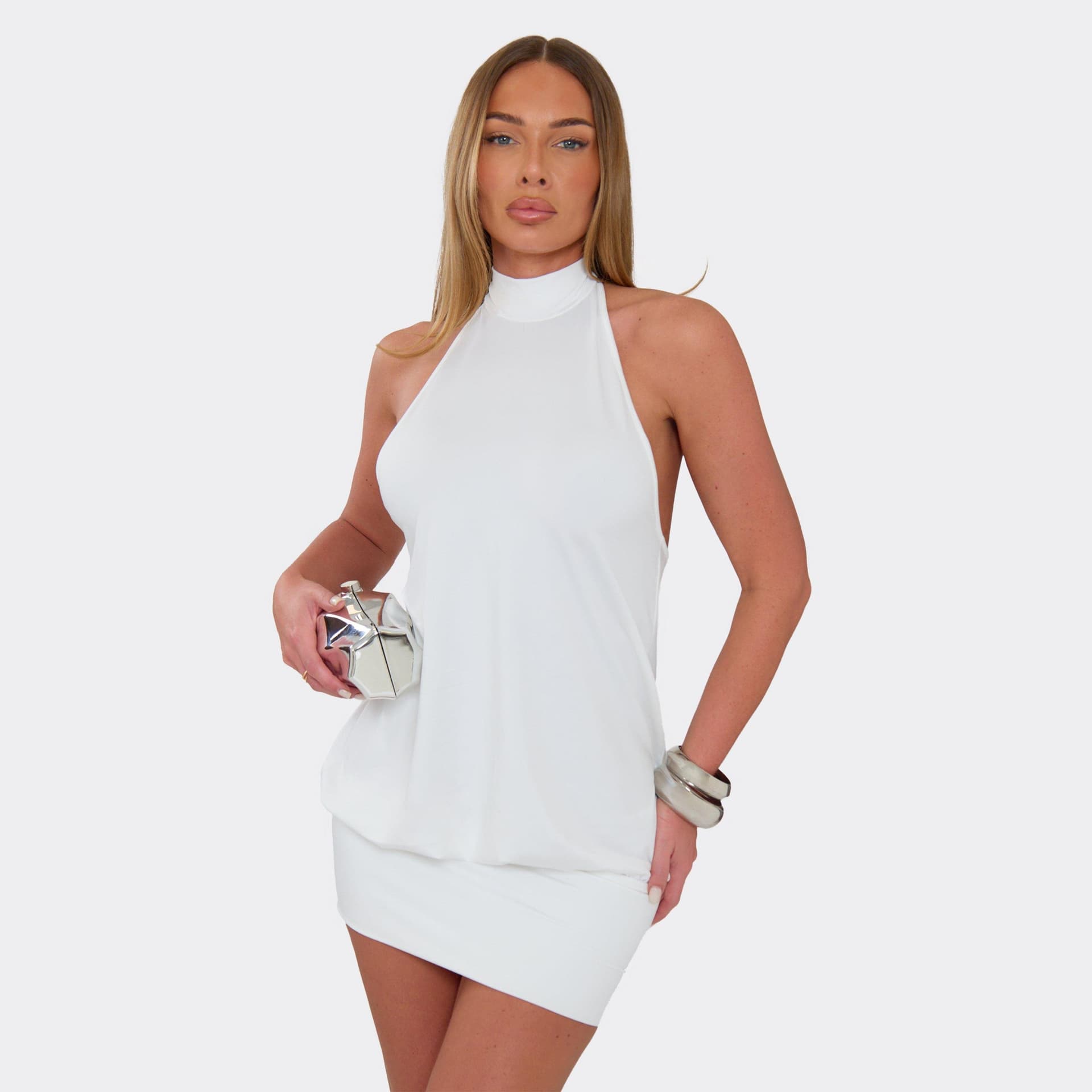 EGO High Neck Open Back Mini Dress In White, Women's Size UK L
