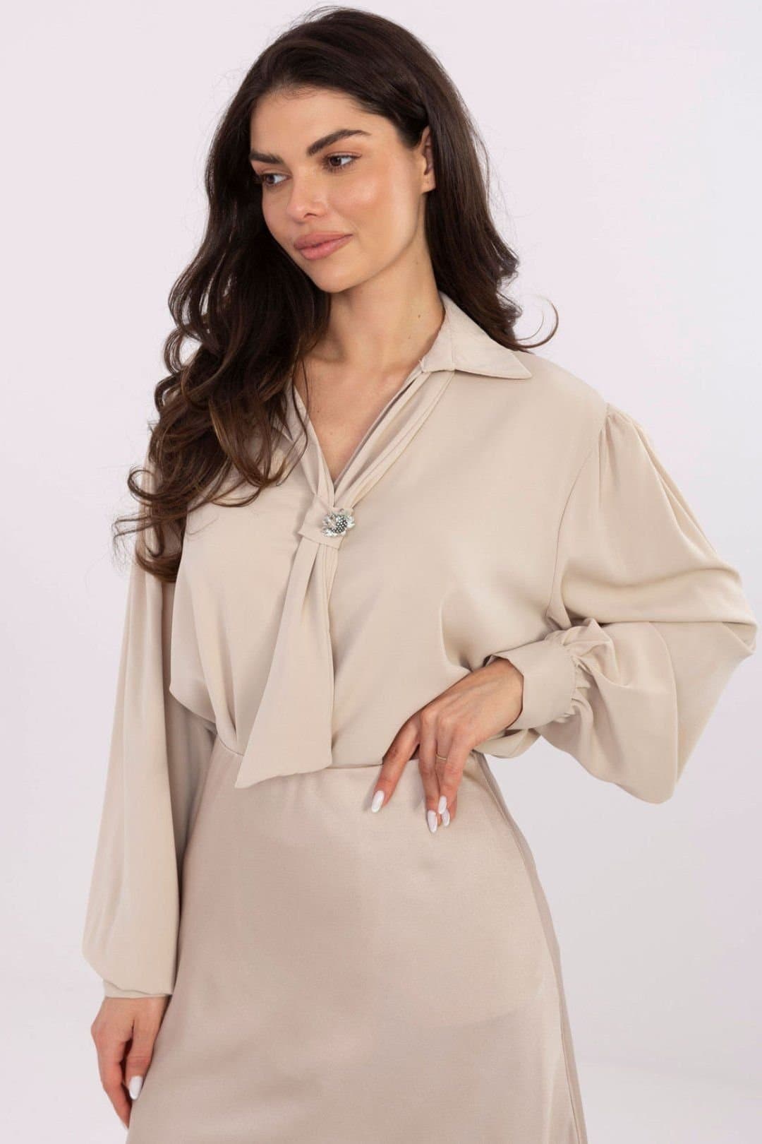 Love Lace Love Lace Women's Elegant Polyester Tie V Neck Blouse with Brooch in Beige