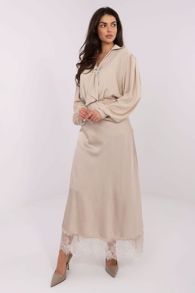 Love Lace Love Lace Women's Elegant Polyester Tie V Neck Blouse with Brooch in Beige - 2