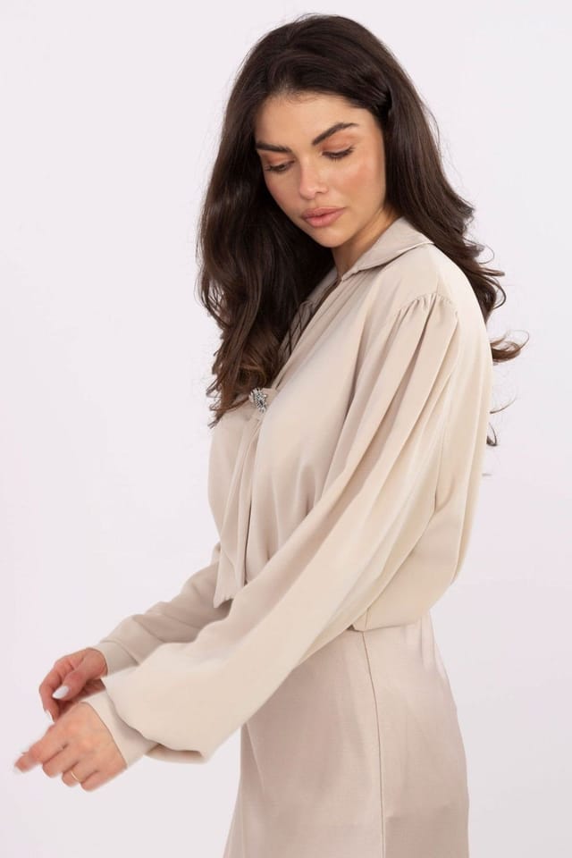 Love Lace Love Lace Women's Elegant Polyester Tie V Neck Blouse with Brooch in Beige - 3