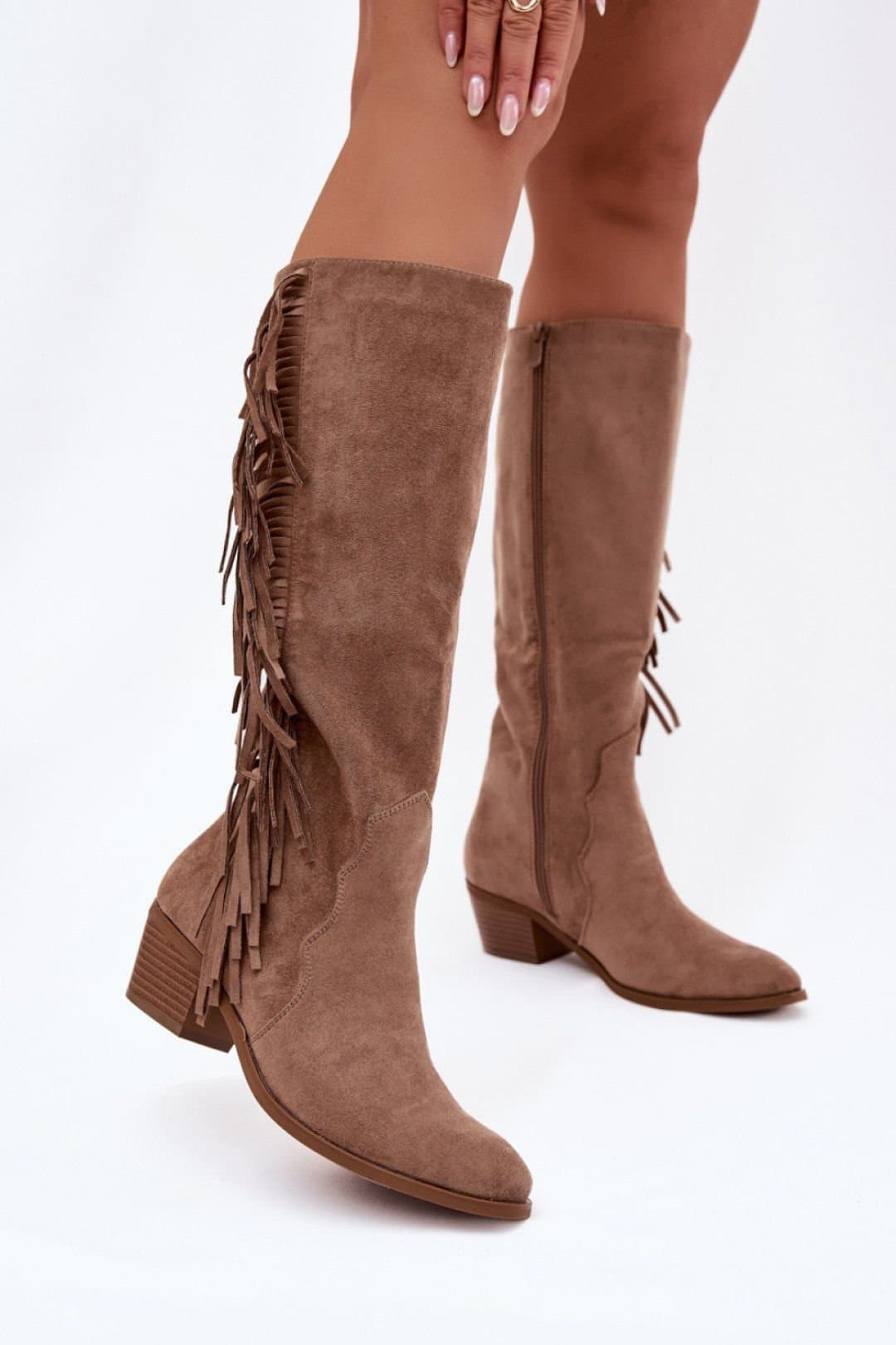 Love Lace Love Lace Women's Almond Toe Fringe Heel Boots Suede Lined Ankle Step In Warm in Beige