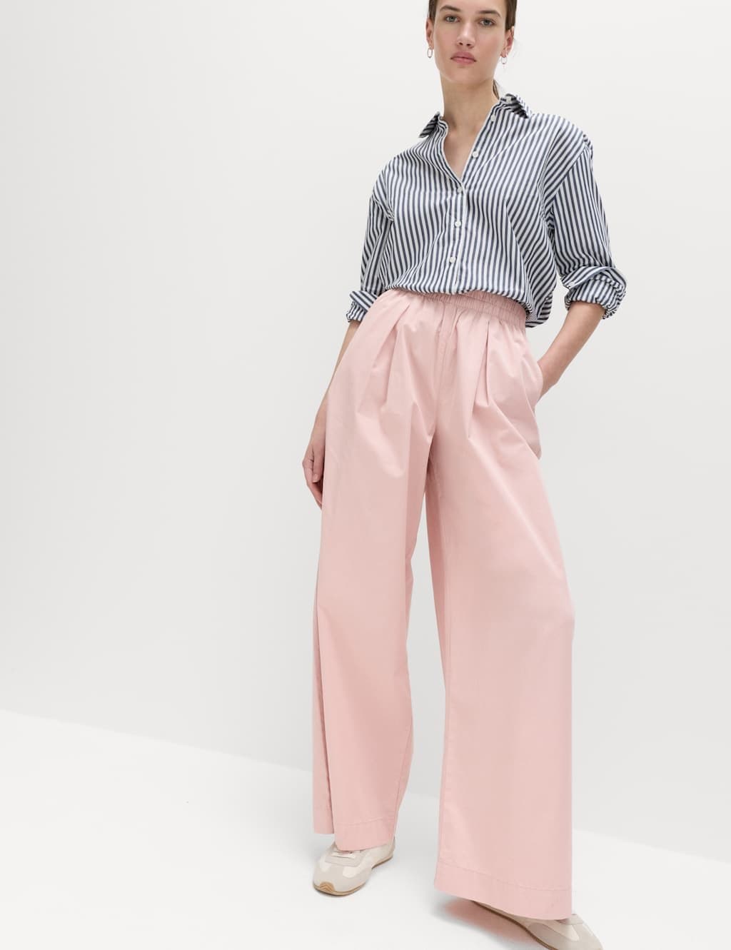 Marks & Spencer M&S Pink Shell Cotton Poplin Wide Leg Trousers
