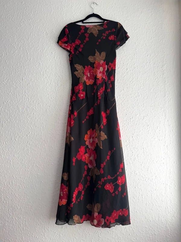 Soon Vintage Women's Soon Black Red Floral Mesh Cowl Neck Maxi Dress - Size 10