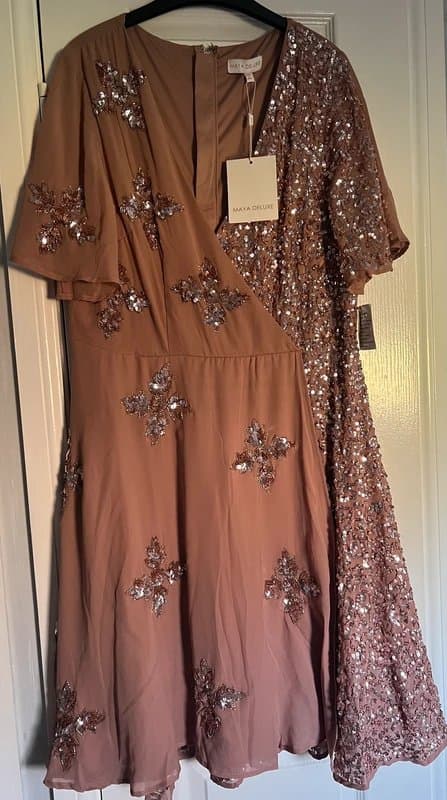 Maya Deluxe Maya delux embellished nude tan dress size 18