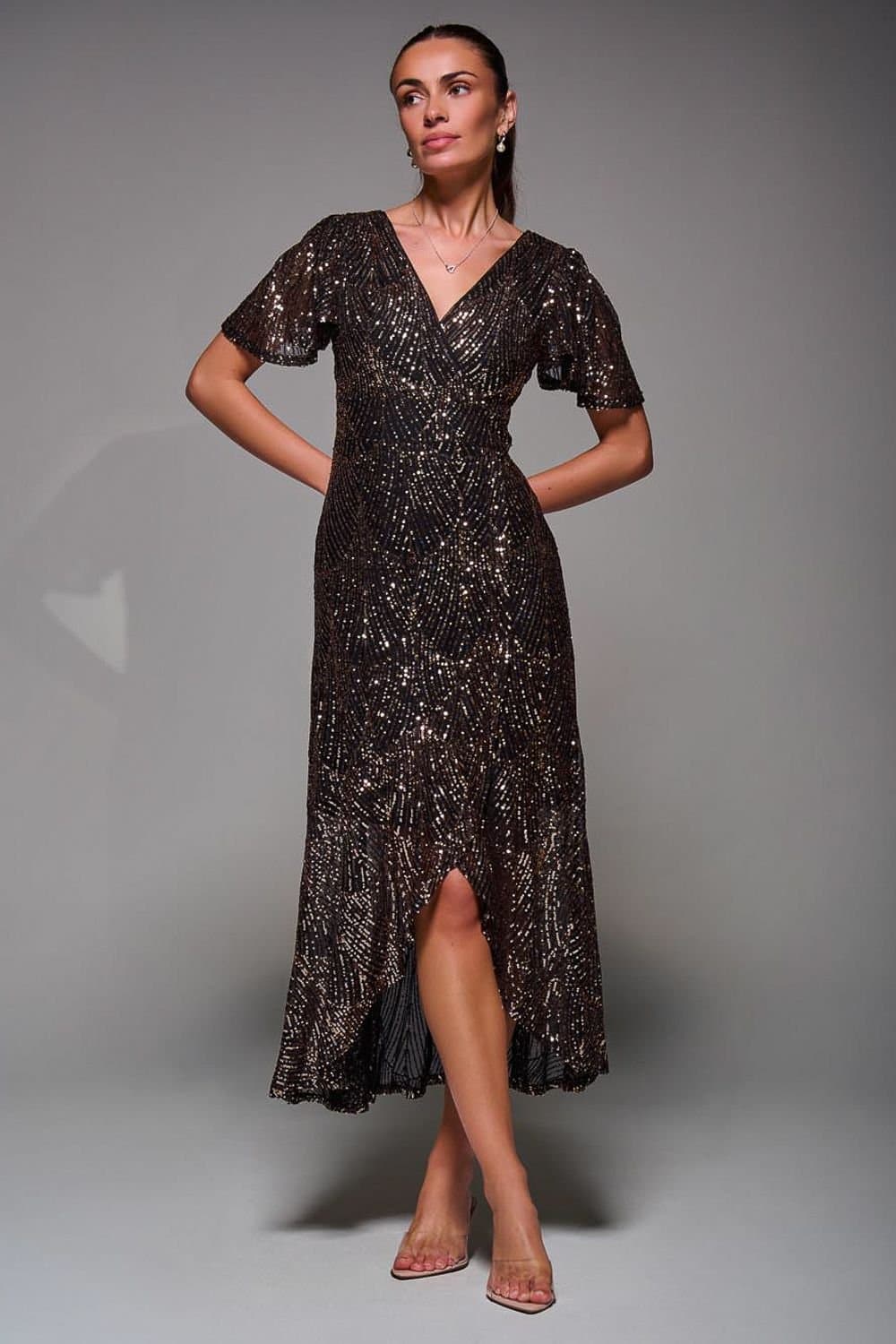 Jolie Moi Jolie Moi Women's Sequin Angel Sleeve Ruffle Hem Maxi Dress in Metallic Gold