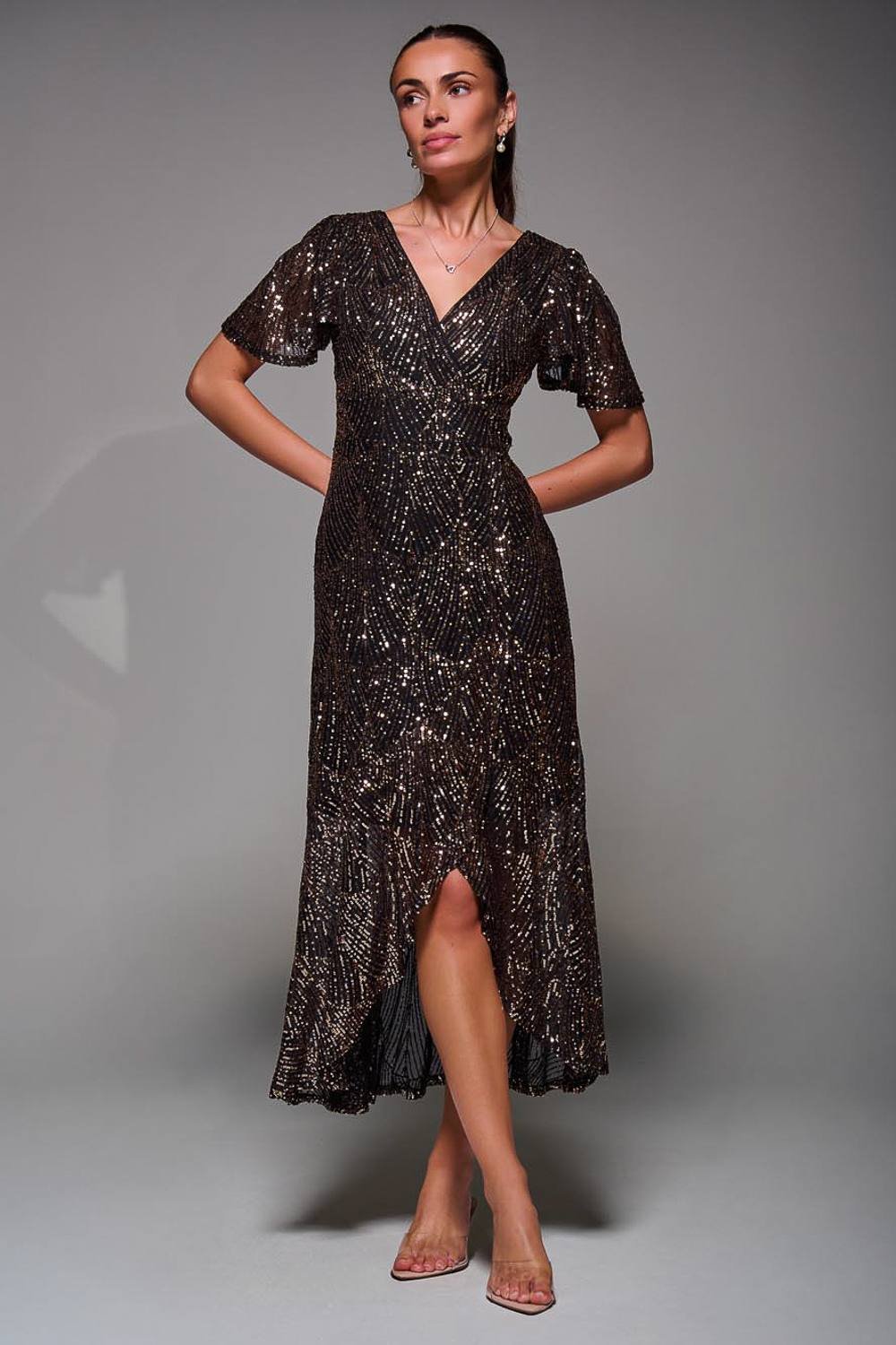 Jolie Moi Jolie Moi Women's Sequin Angel Sleeve Ruffle Hem Maxi Dress in Metallic Gold - 2