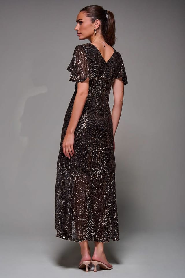 Jolie Moi Jolie Moi Women's Sequin Angel Sleeve Ruffle Hem Maxi Dress in Metallic Gold - 2