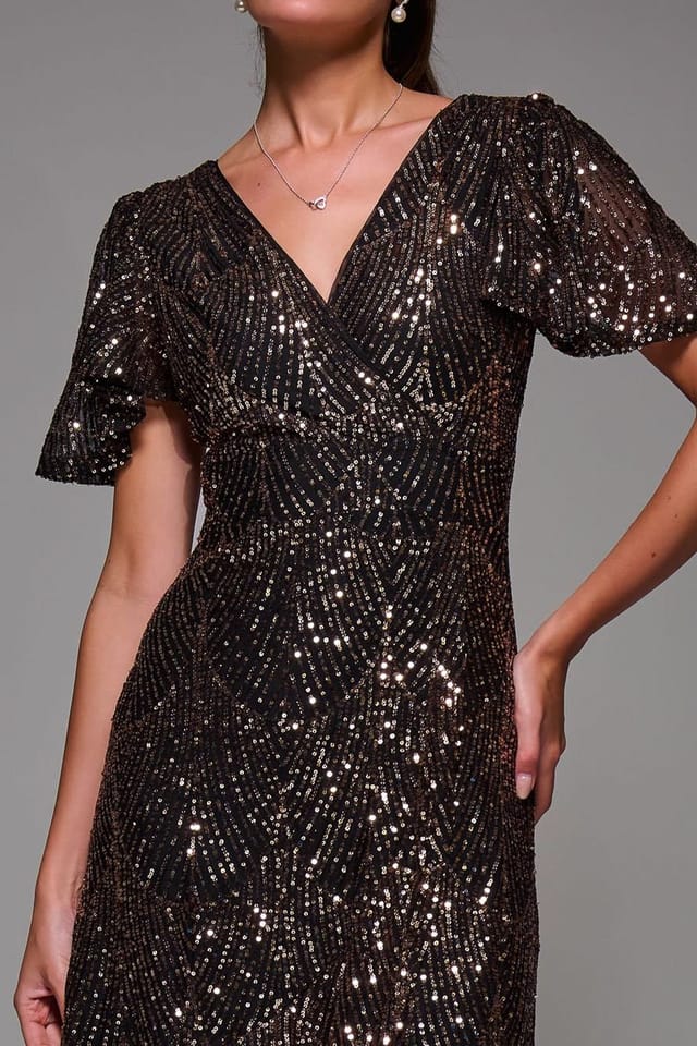 Jolie Moi Jolie Moi Women's Sequin Angel Sleeve Ruffle Hem Maxi Dress in Metallic Gold - 3