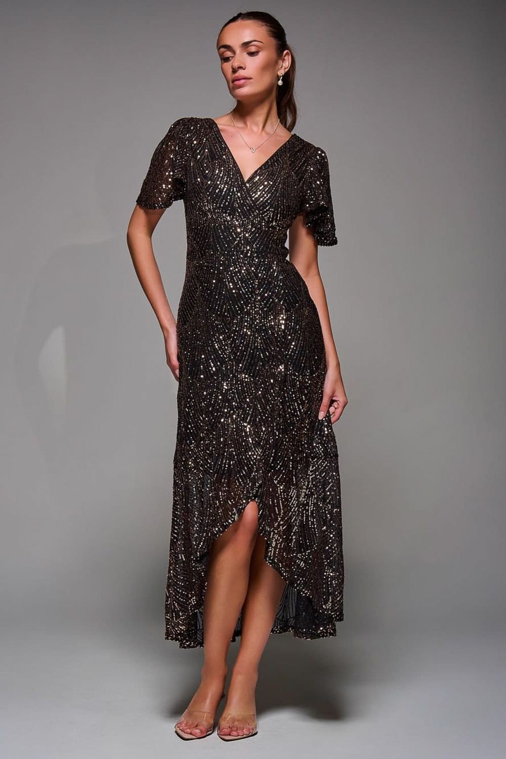 Jolie Moi Jolie Moi Women's Sequin Angel Sleeve Ruffle Hem Maxi Dress in Metallic Gold - 4