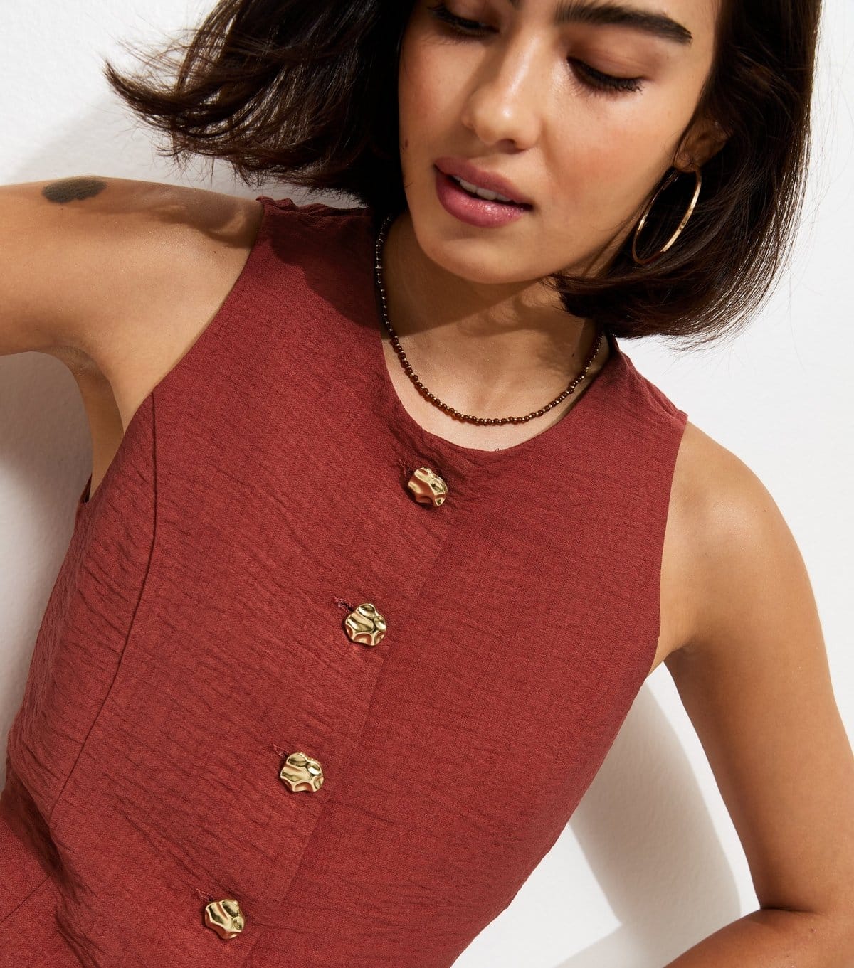 New Look Rust Crinkled Textured Button Waistcoat